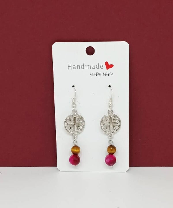 Boucles d’oreilles en pierre naturelle œil de tigre rose et naturel – argent 925 – breloque ronde argentée – Eclat Celtique