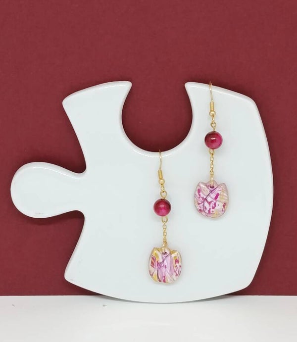 Boucles d’oreilles œil de tigre rose – tulipe en polymère – bijoux dorés faits main – acier inoxydable-Tulipe Eclatante