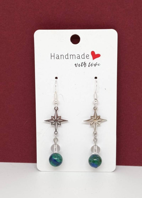 Boucles d'oreilles Malachite Azurite&Cristal de Roche - Chaine Argentée - Argent 925 - Etoiles des 4 Directions