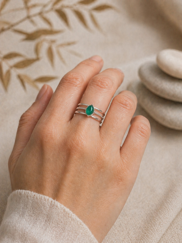 Bague agate verte acier inoxydable argenté – Élégance Bohème