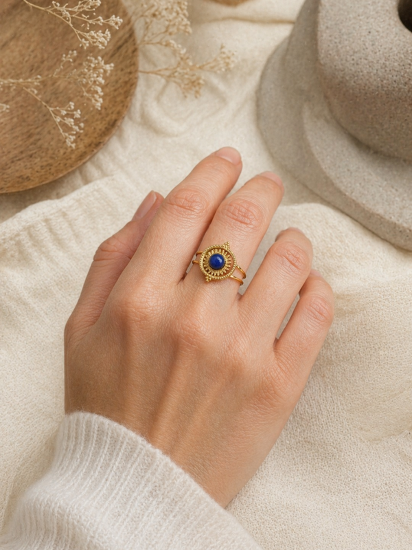 Bague lapis-lazuli acier inoxydable doré – Fleur Bohème Fascinante