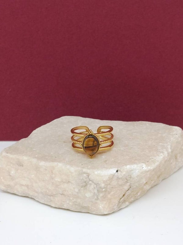 Bague oeil de tigre dorée acier inoxydable réglable femme – bague pierre naturelle élégante bohème