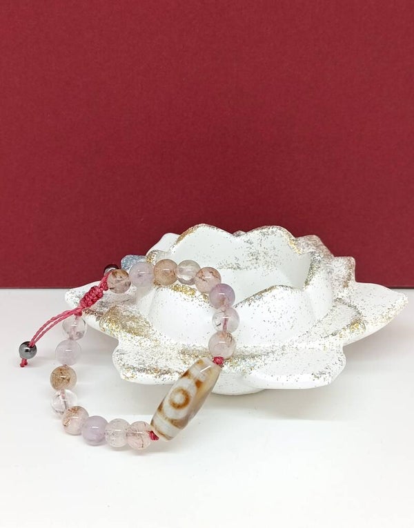 Bracelet artisanal agate du Tibet et Super Seven – Jardin de Lotus Sacré