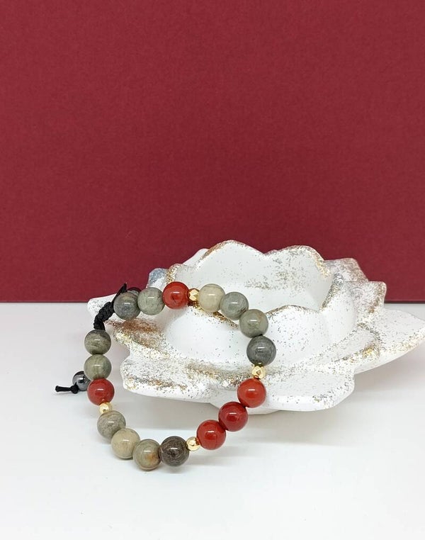 Bracelet artisanal jaspe rouge et agate feuille d’argent – Forêt de Braise