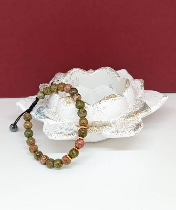 Bracelet artisanal unakite et hématite – Feuille de Rosée