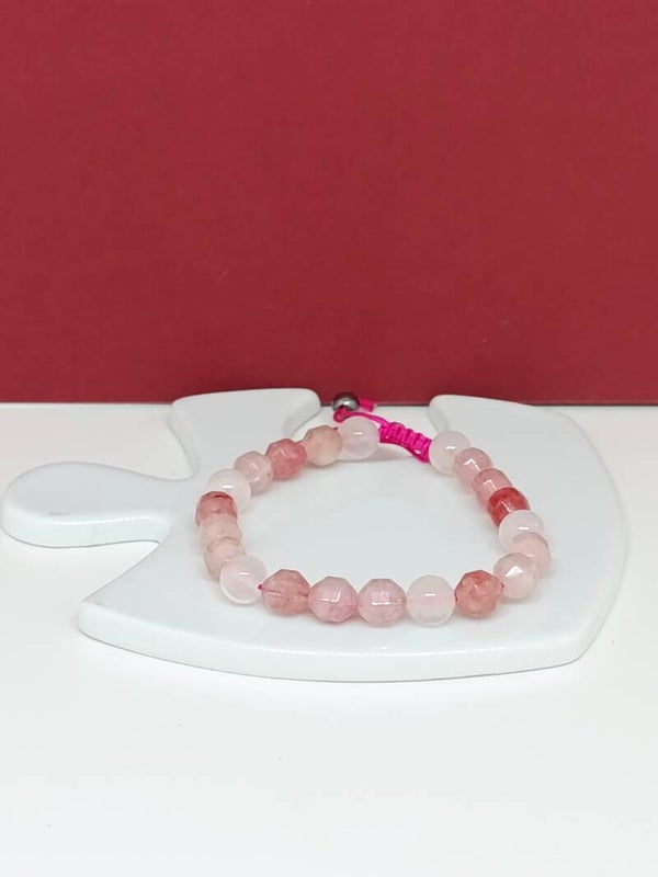 Bracelet Agate rose facettée et Quartz rose – Bracelet pierres naturelles – Douceur, amour et harmonie – Création artisanale réglable Pétale de Rose