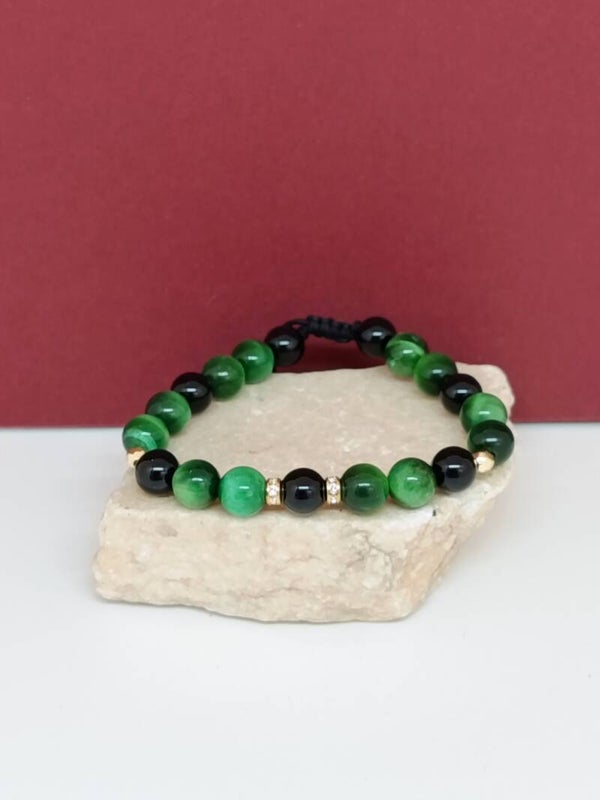 Bracelet Onyx noir et Oeil de tigre vert – Bracelet pierres naturelles – Protection, équilibre et confiance – Création artisanale Nuit D' Emeraude