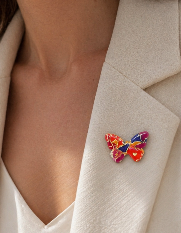 Broche  papillon - rouge et orange Bois peint&résiné- Finition dorées - Fait Main - Papillon Flamme Dorée