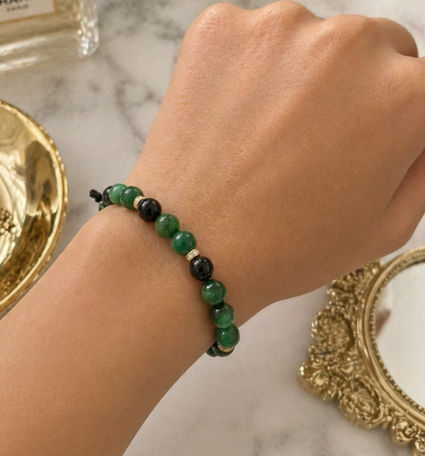 Bracelet artisanal onyx noir et œil de tigre vert – Nuit d’Émeraude