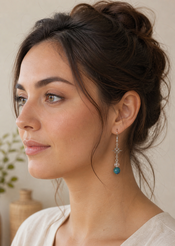 Boucles d’oreilles artisanales malachite azurite et cristal de roche – Étoiles des 4 Directions