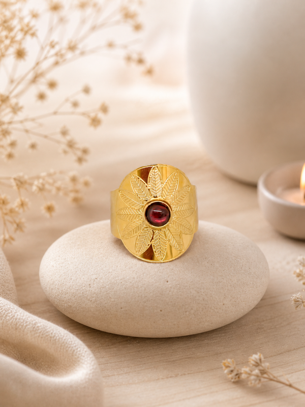 Bague grenat acier inoxydable doré – Éclat Passion Bohème
