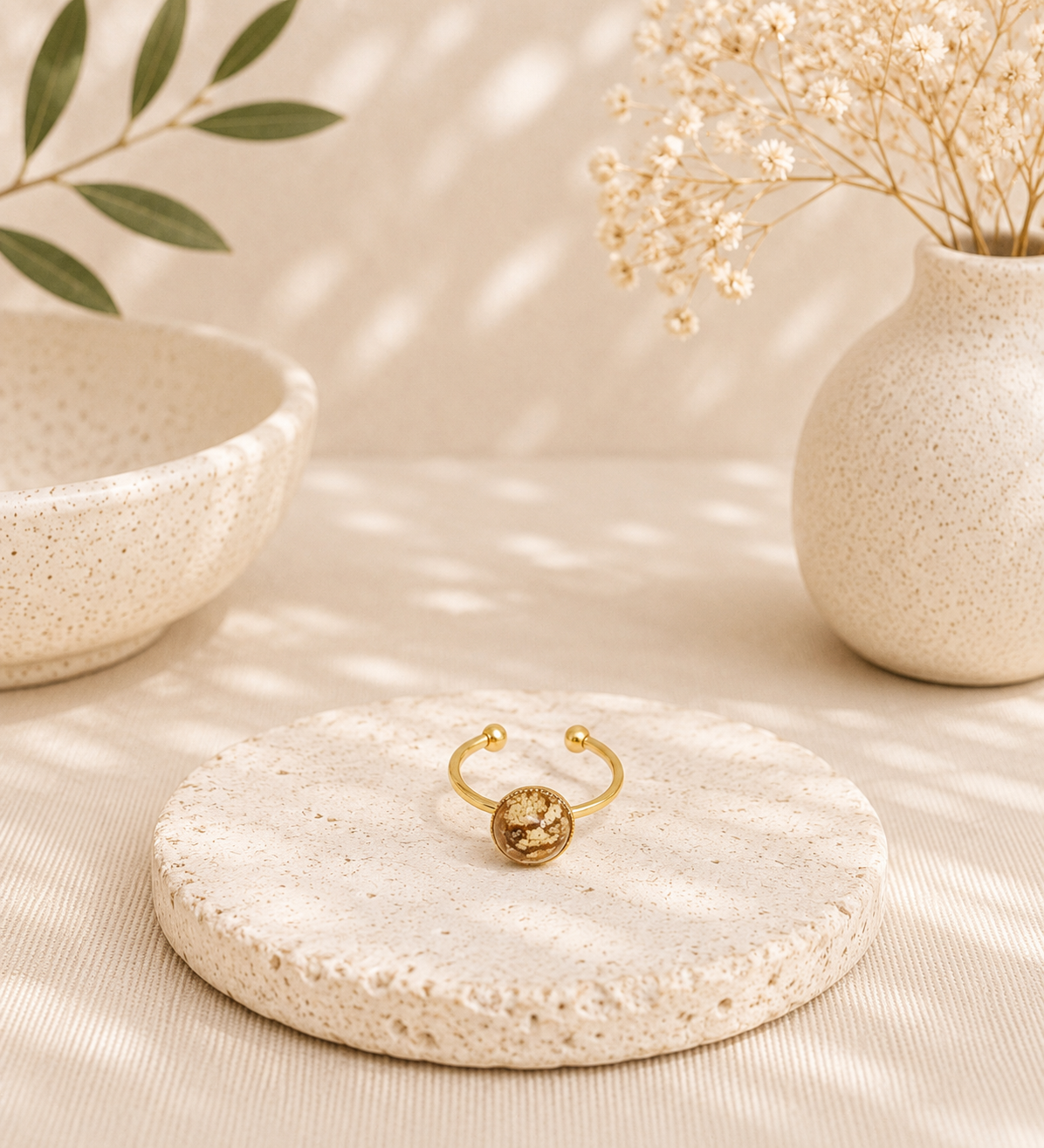 Bague jaspe paysage acier inoxydable doré – L’Adorable