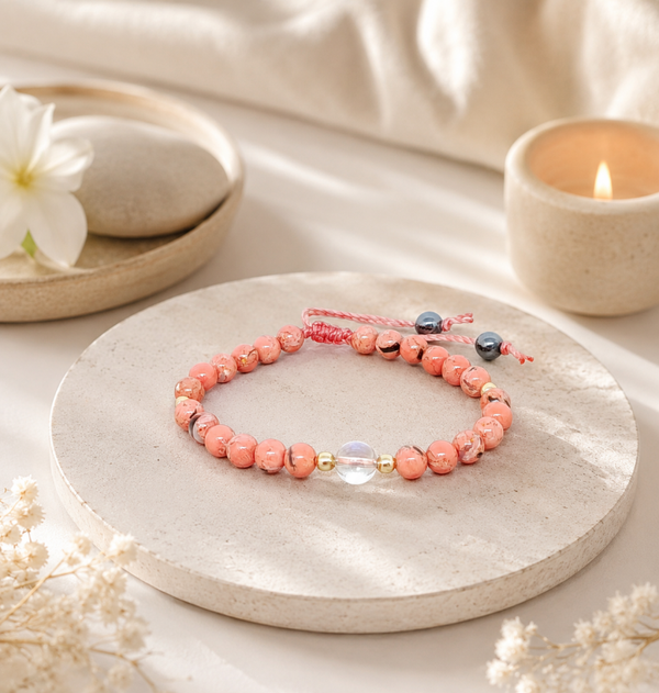 Bracelet Aqua Aura, Howlite coquillage orange et hématite- Brise orangée