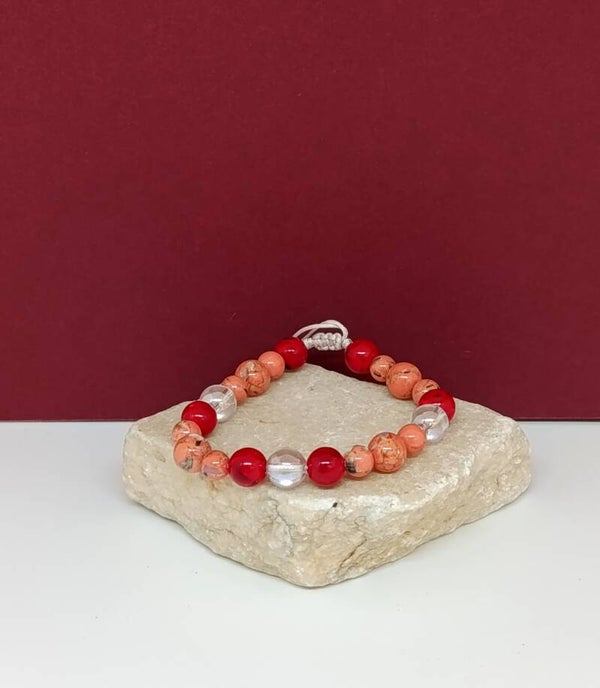 Bracelet artisanal howlite orange, agate rouge et cristal de roche – Flamme Intérieure