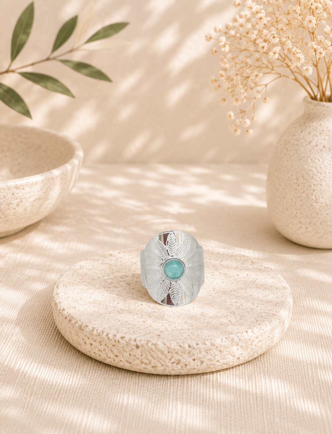 Bague amazonite acier inoxydable argenté – Fleur de Sérénité