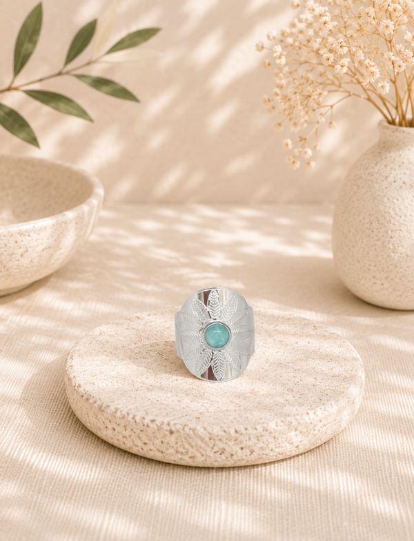 Bague amazonite acier inoxydable argenté – Fleur de Sérénité