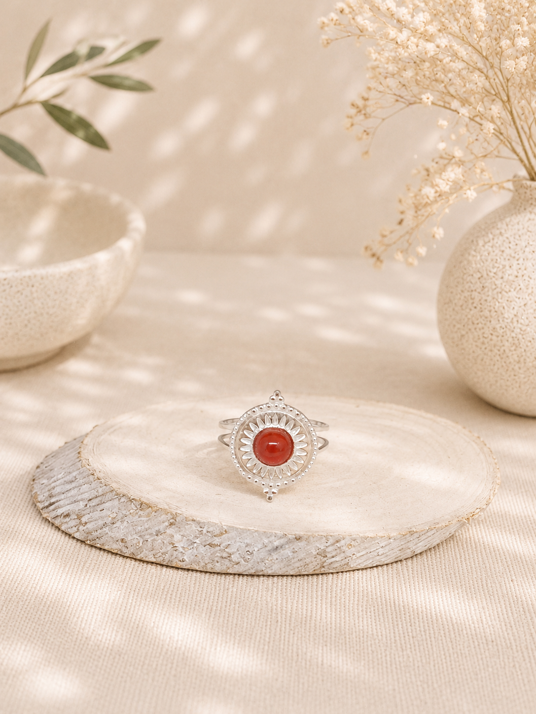 Bague cornaline acier inoxydable argenté - Fleur de brumes orangée
