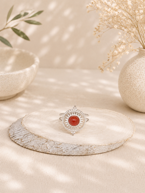 Bague cornaline acier inoxydable argenté - Fleur de brumes orangée