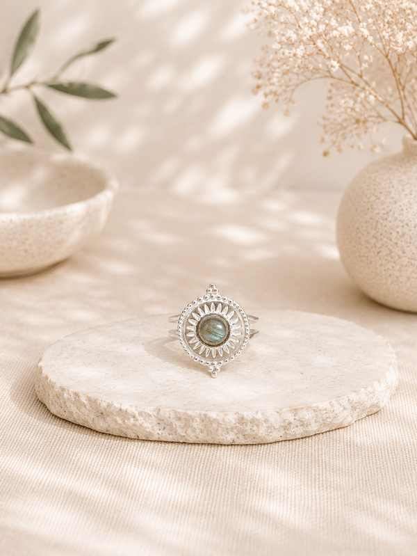Bague labradorite acier inoxydable argenté – Éclat de Lune Florale