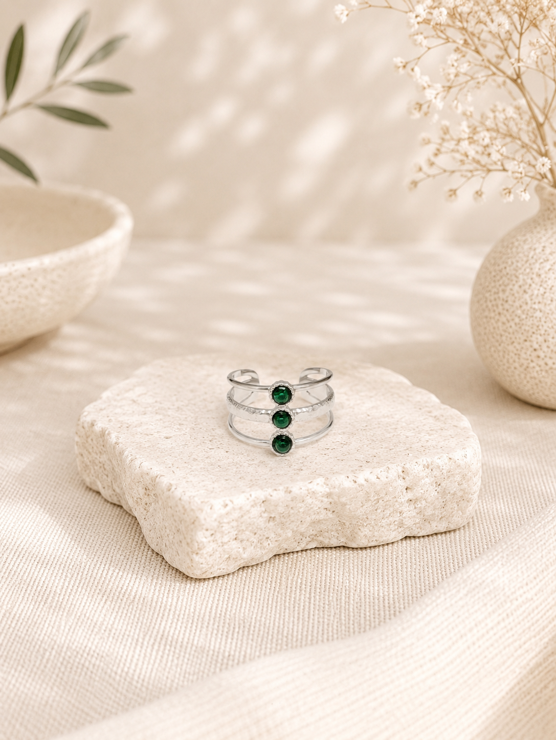 Bague malachite acier inoxydable – Émeraude de Force