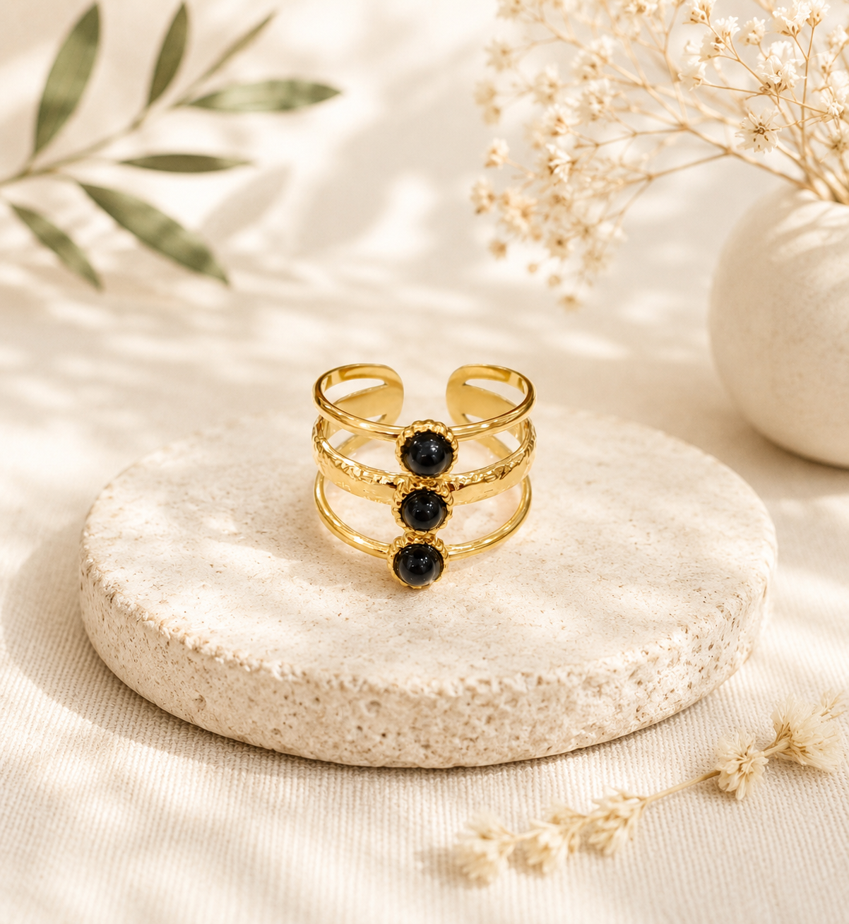 Bague obsidienne noire acier inoxydable doré – Protection Profonde