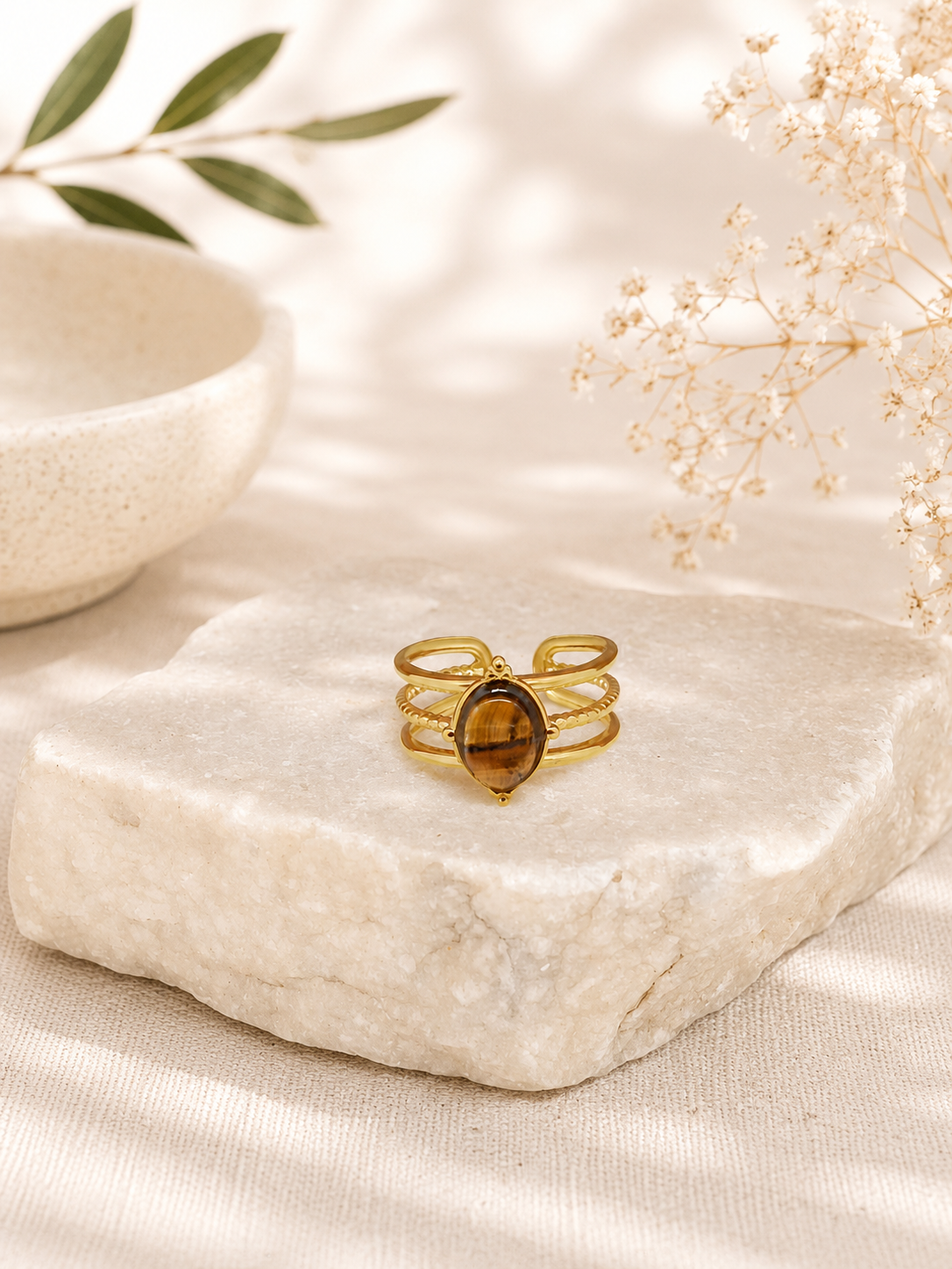 Bague œil de tigre acier inoxydable argenté – Élégance Bohème