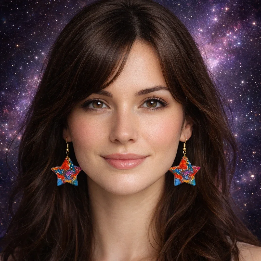 Boucles d'oreilles étoile turquoise et rouge artisanales peint à la main - Etoile Cosmique