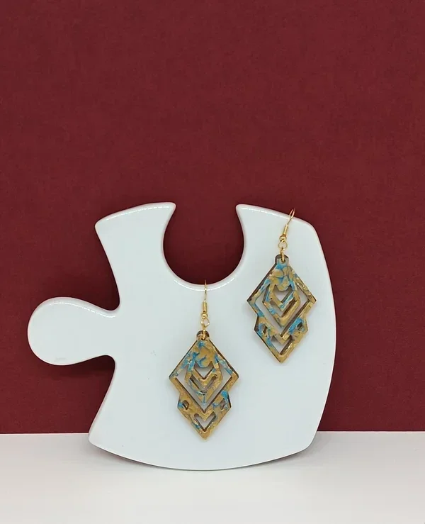 Boucles d’oreilles en bois bleu et doré peintes à la main-Frisson d’Avril