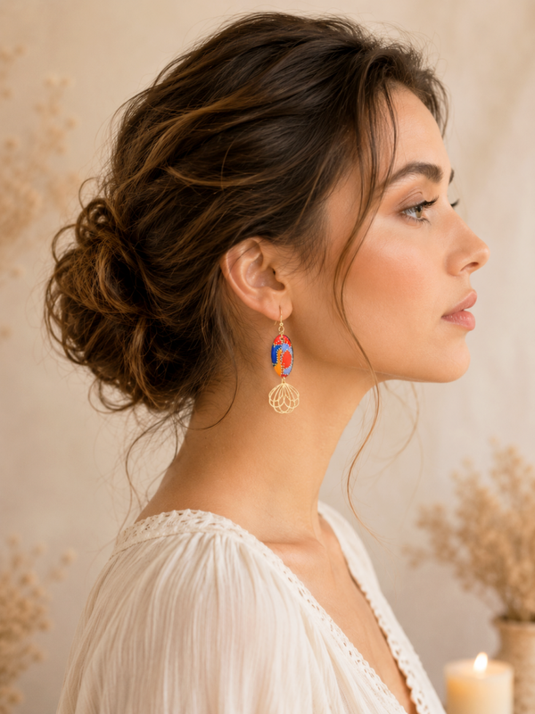 boucles d'oreilles bois et feuille dorée