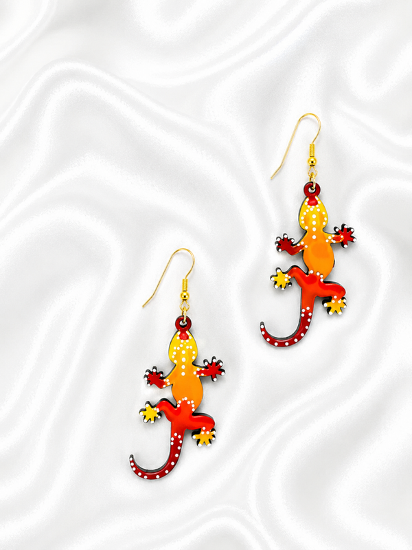 Boucles d'oreilles gecko orange et rouge en bois peint à la main - Désert orange