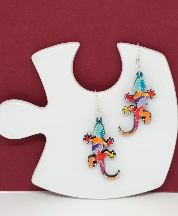 Boucles d'oreilles Gecko en bois turquoise&vert - Souvenir d'été