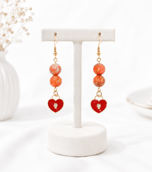 boucles d'oreilles howlite coquillage orange et coeur cadenas
