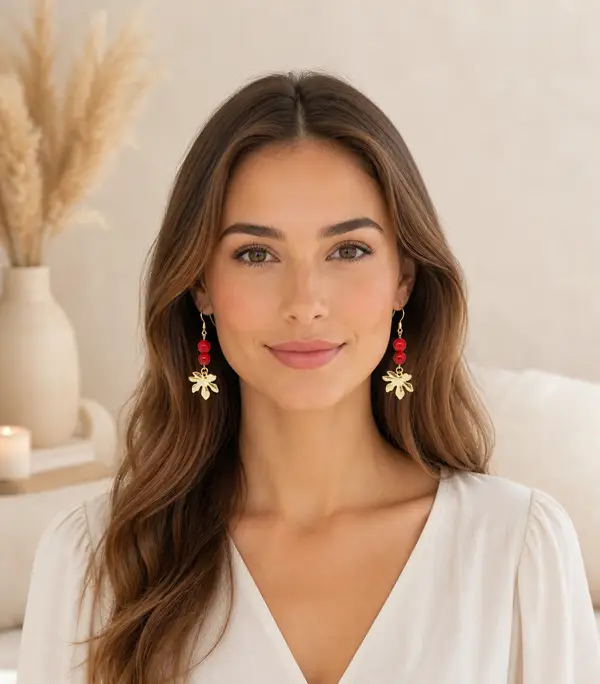 Boucles d’oreilles artisanales pierres naturelles howlite coquillage rouge – Folie Ardente