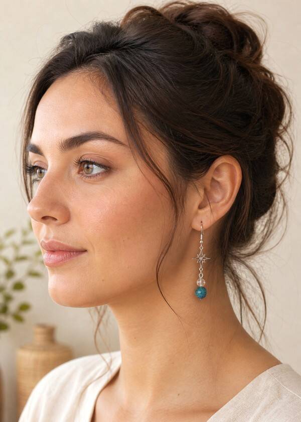 Boucles d’oreilles artisanales malachite azurite et cristal de roche – Étoiles des 4 Directions