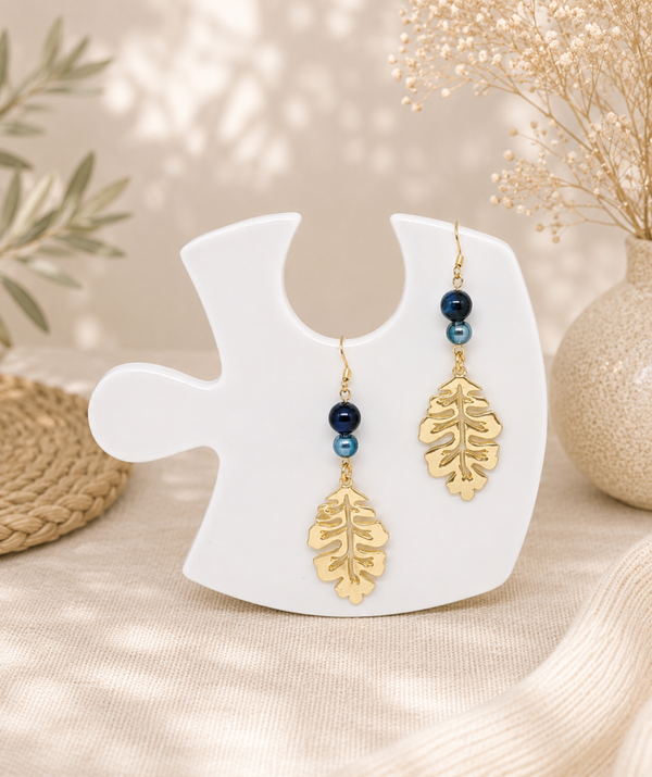 boucles d'oreilles oeil de tigre et aqua aure, grande feuille