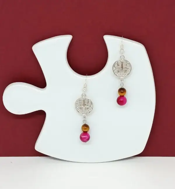 Boucles d’oreilles en pierre naturelle œil de tigre rose et naturel – argent 925 – breloque ronde argentée – Eclat Celtique
