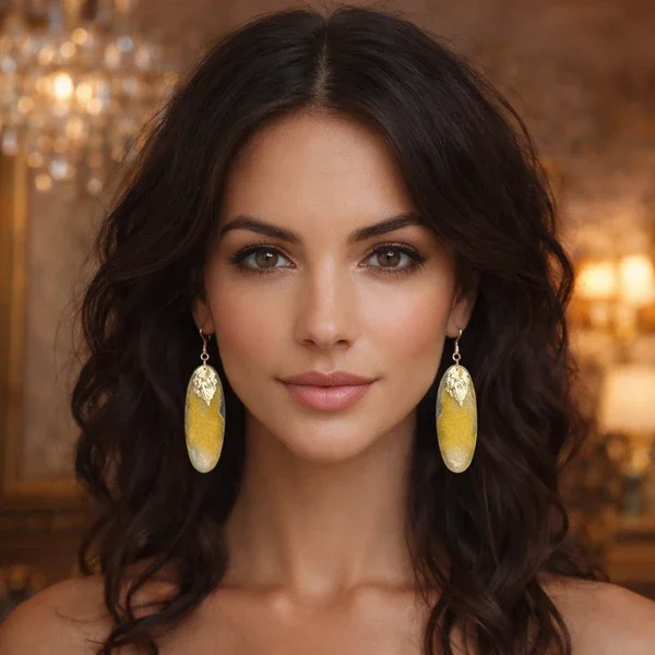 Boucles d'oreilles ovales bleues et dorées en bois - peint à la main- Délice Doré