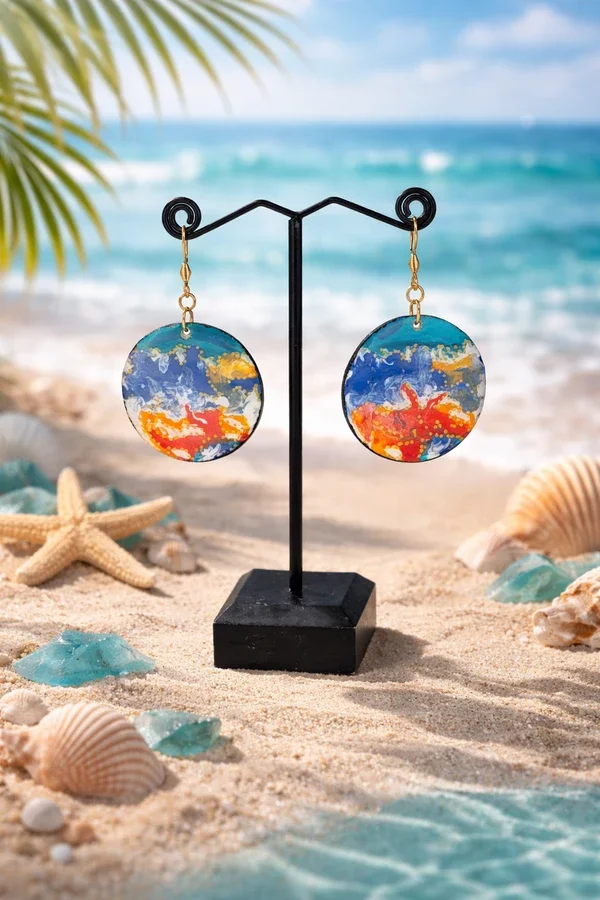 Boucles d'oreilles ronde  artisanales rouge et turquoise- Vague Outremer