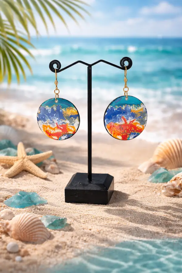 Boucles d'oreilles ronde  artisanales rouge et turquoise- Vague Outremer