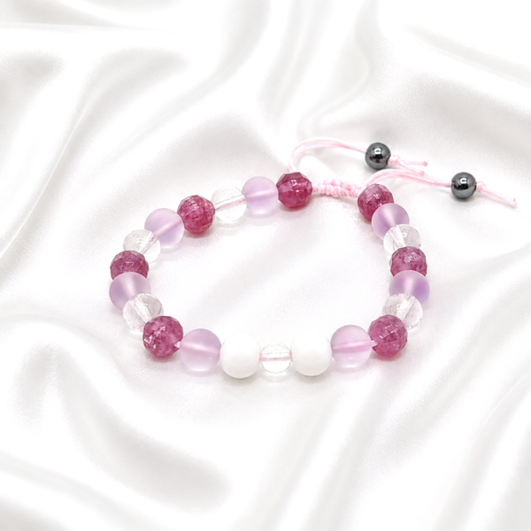 Bracelet en pierres naturelles agate rose et blanche - perles multis reflets violet et vert – bijou fait main-Framboise Céleste