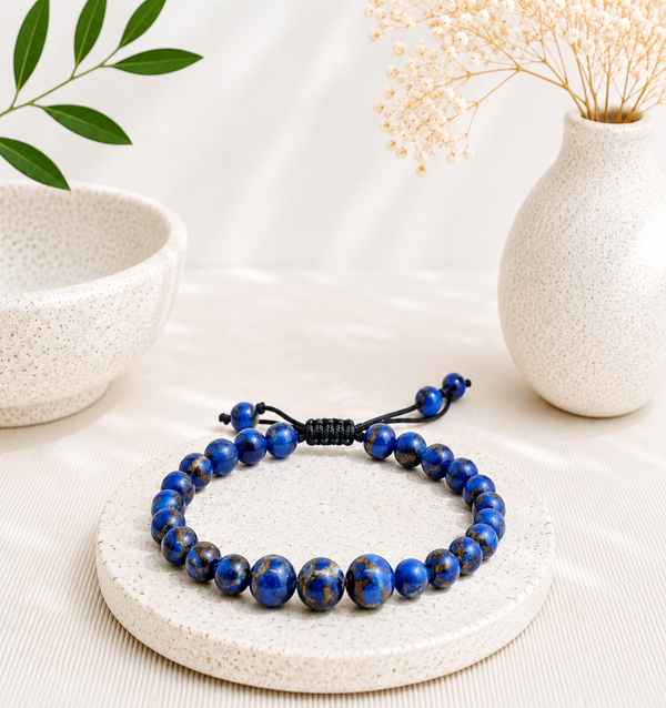 Bracelet artisanal agate bleue et hématite – Rivière Saphir
