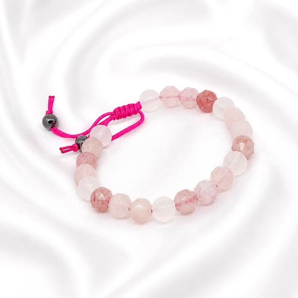 Bracelet artisanal agate rose facettée et quartz rose – Pétale de Rose
