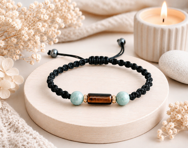 Bracelet tissé macramé amazonite et œil de tigre-RIÉLIA