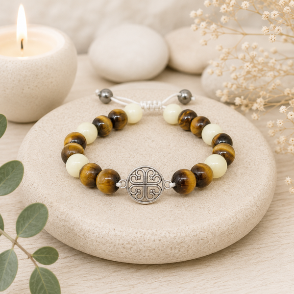 Bracelet artisanal calcite orange et œil de tigre – Arbre de Lumière