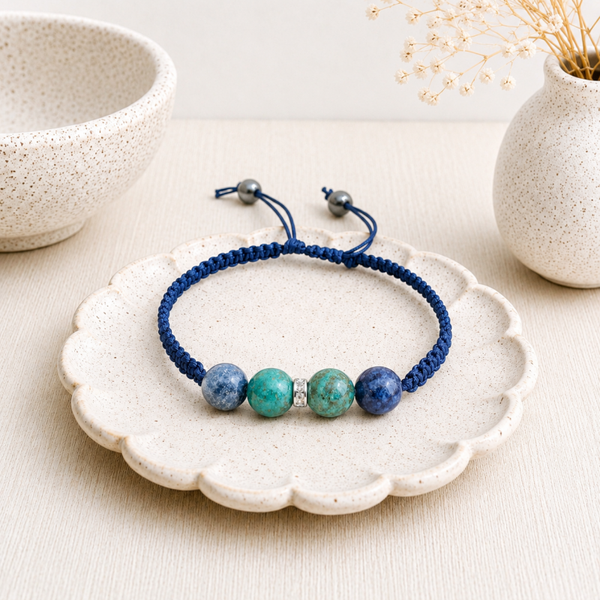 Bracelet artisanal malachite azurite et cristaux blancs – Azurite Céleste