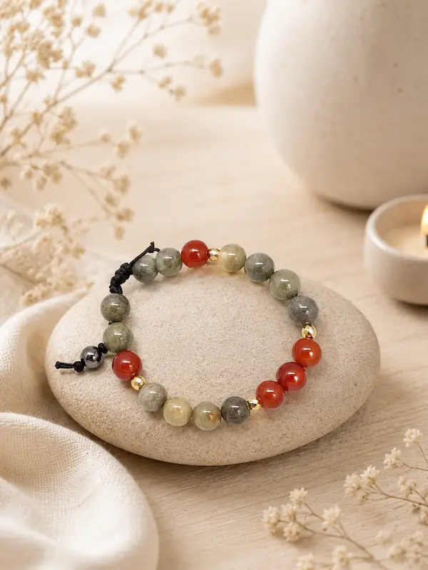 Bracelet artisanal jaspe rouge et agate feuille d’argent – Forêt de Braise