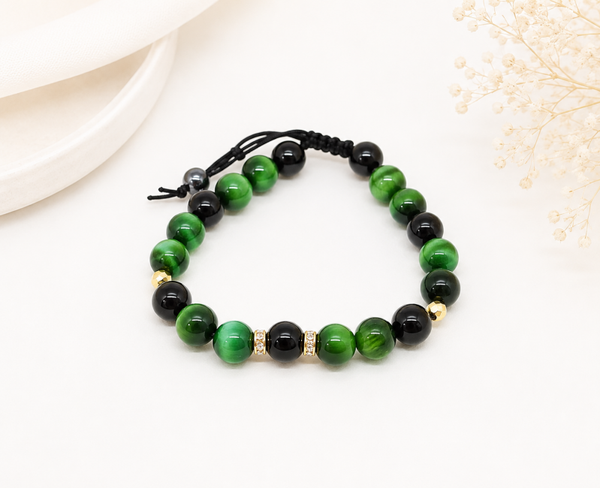 Bracelet artisanal onyx noir et œil de tigre vert – Nuit d’Émeraude
