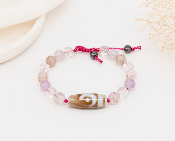 Bracelet artisanal agate du Tibet et Super Seven – Jardin de Lotus Sacré
