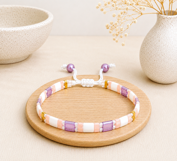 Bracelet tissé fait main – perles Tila mauve, blanche et rose-Melyara