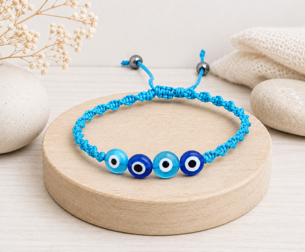 Bracelet tissé main aux yeux porte-bonheur turquoise et bleu marine-Triozélis
